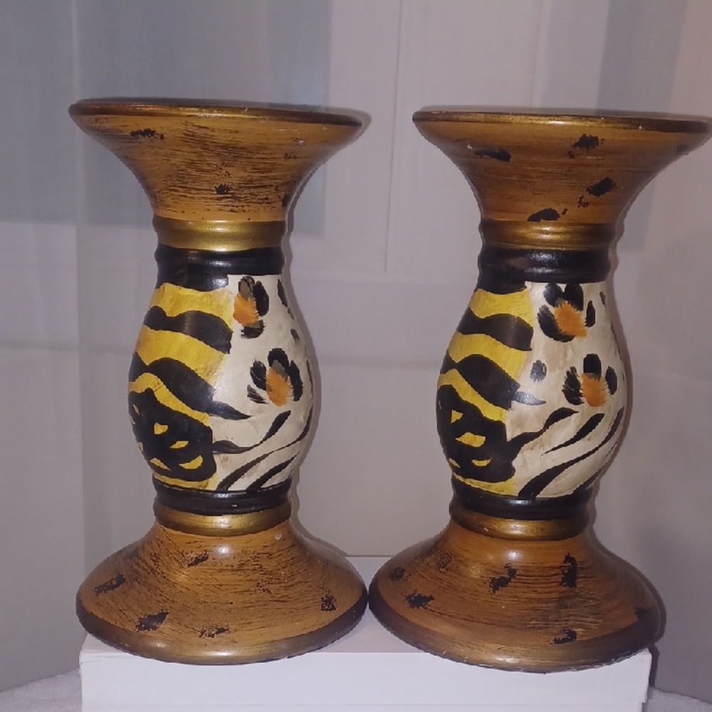 Handcrafted Candle Holders - Brown and Black With Animal Print